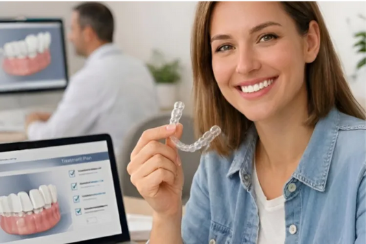Smiling woman showing a clear aligner in the office