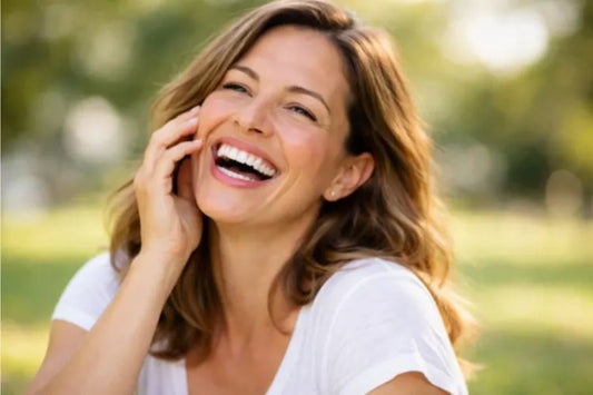  A girl laughing with perfectly aligned teeth 