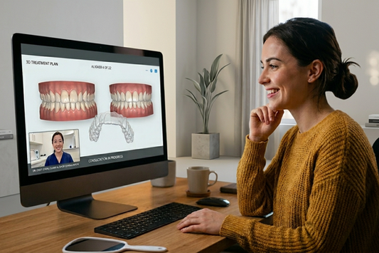 A woman smiles during a virtual dental aligner consultation on a computer.