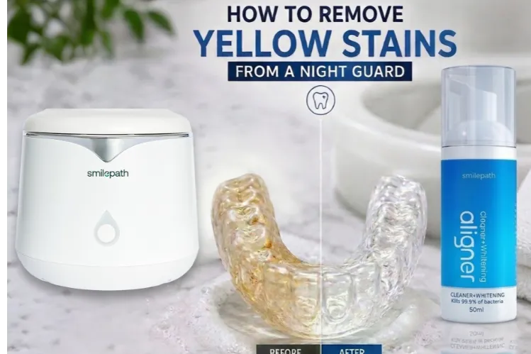 Before and after comparison of a night guard showing yellow stains removed 