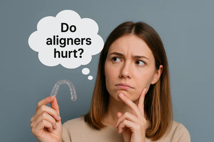A woman holding clear aligners while thinking, “Do aligners hurt?”