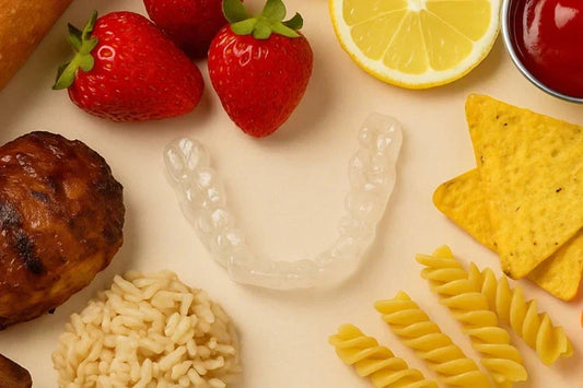 An image with clear aligners with food items surrounding it 