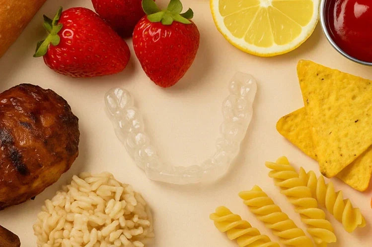 An image with clear aligners with food items surrounding it 