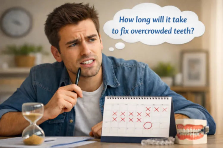Young man looking at a calendar, thinking about orthodontic treatment options for overcrowded teeth.