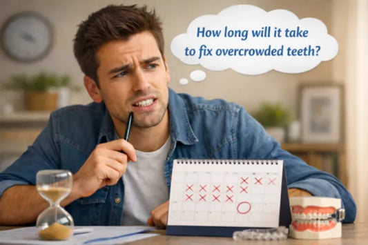 Young man looking at a calendar, thinking about orthodontic treatment options for overcrowded teeth.