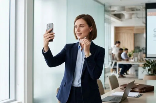 : A professional woman holding a transparent dental aligner.