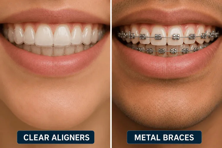 Split image showing a close-up smile with clear aligners on the left and metal braces on the right.