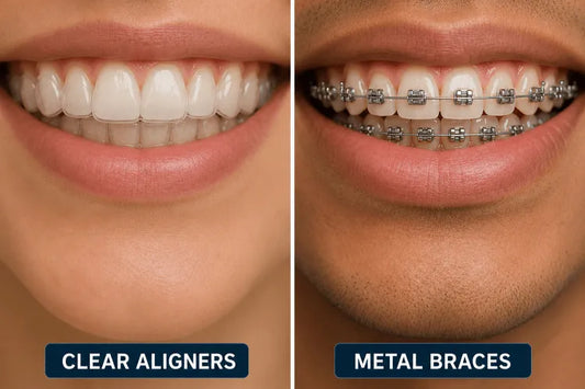Split image showing a close-up smile with clear aligners on the left and metal braces on the right.
