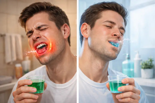  An image shows mouthwash contrast: discomfort versus relief