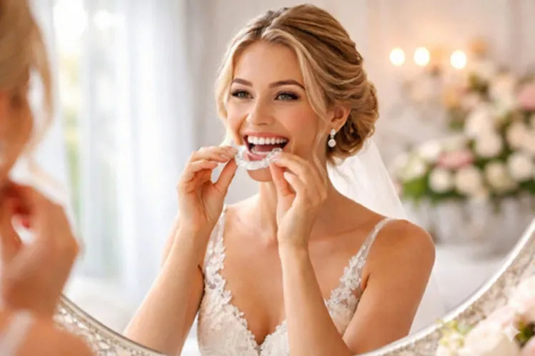 A bride put on clear aligners while trying out wedding dresses
