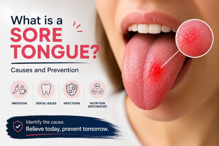 An image showing a sore tongue, with causes mentioned.