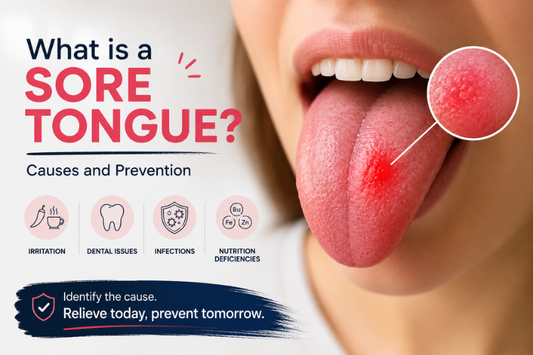 An image showing a sore tongue, with causes mentioned.