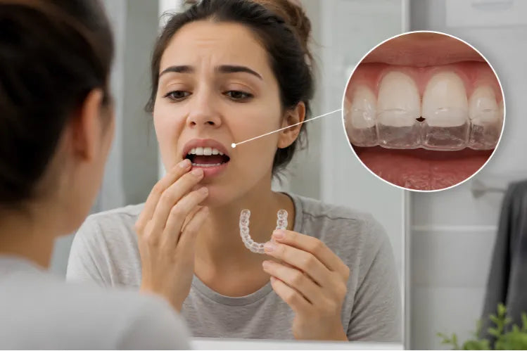 Person checking an aligner in a bathroom mirror with a close-up showing a gap between the aligner and upper front teeth. 