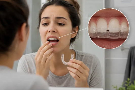 Person checking an aligner in a bathroom mirror with a close-up showing a gap between the aligner and upper front teeth. 