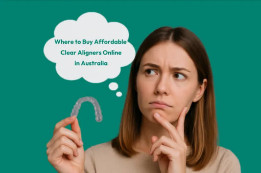  A girl holding a clear aligner while thinking: Where to buy affordable clear aligners in Australia