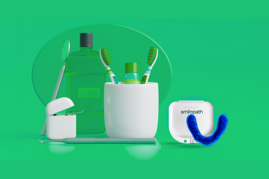 An image shows Smilepath Mouth Guard along with cleaning products