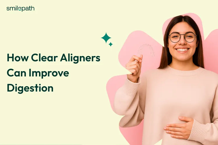A girl putting one hand on her stomach and holding clear aligner on other hand