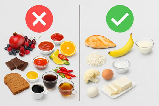 A side-by-side image of what and what not to eat after whitening